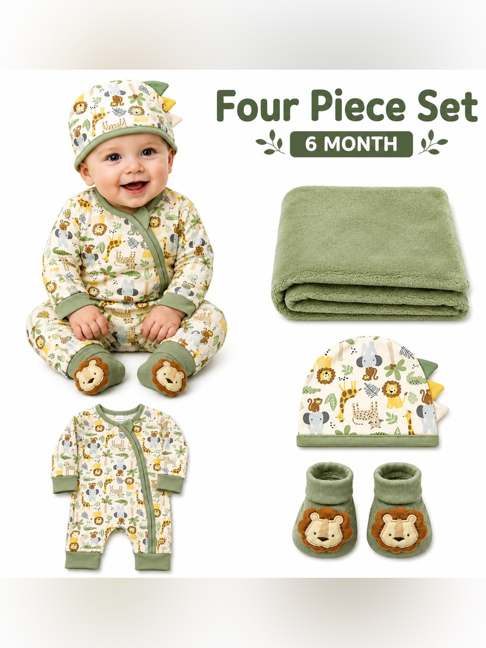NWT Baby Essentials 4- Piece 6M baby boy gift set Safari sage green set